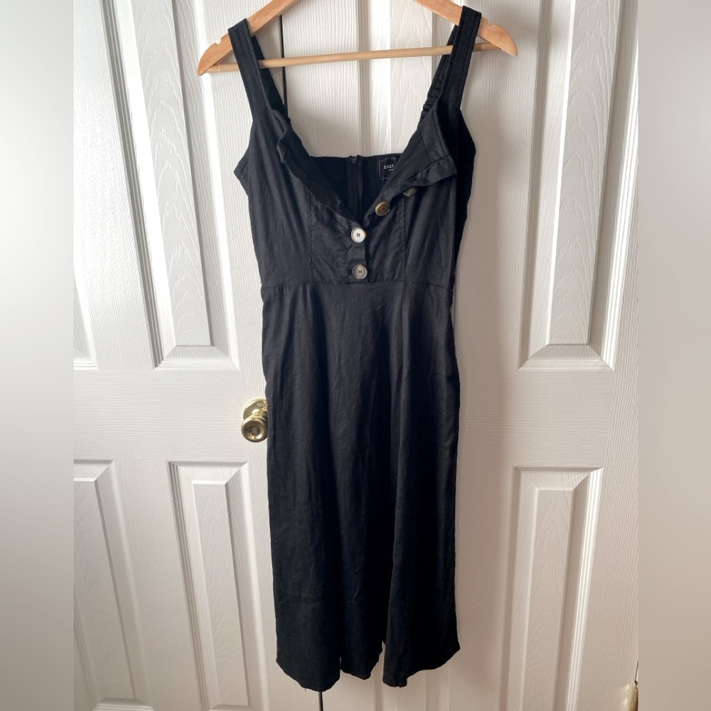RESET by JANE Black Linen Blend Lagenlook Square Neck Fit n Flare Midi Dress M